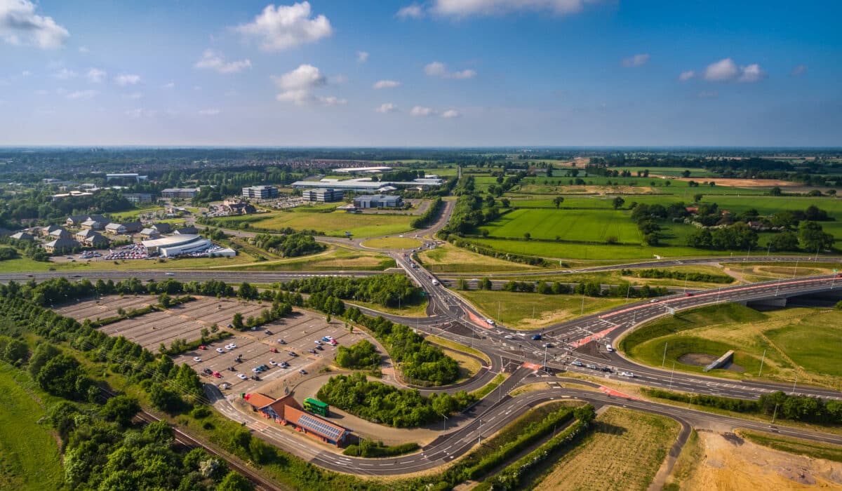 Aerial shot showing Broadland Business Park in Norwich