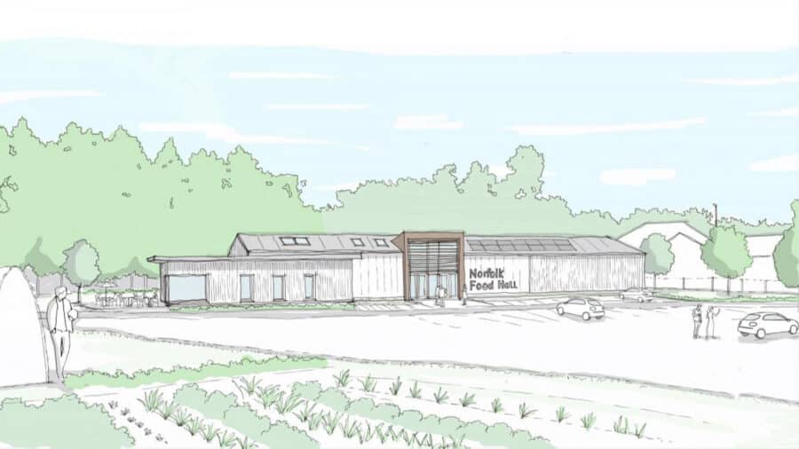 Visualisation showing the RNAA Food Hall near the Royal Norfolk Showground