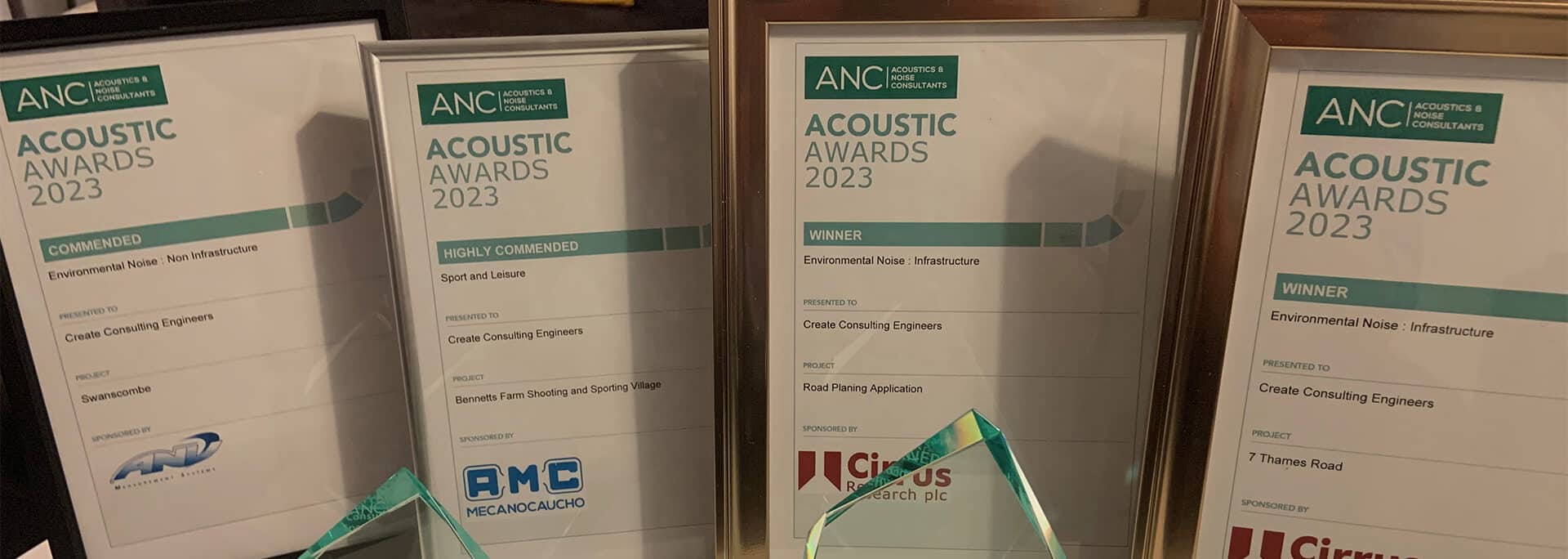 Photo showing Create Engineers trophies and certificates from ANC Awards