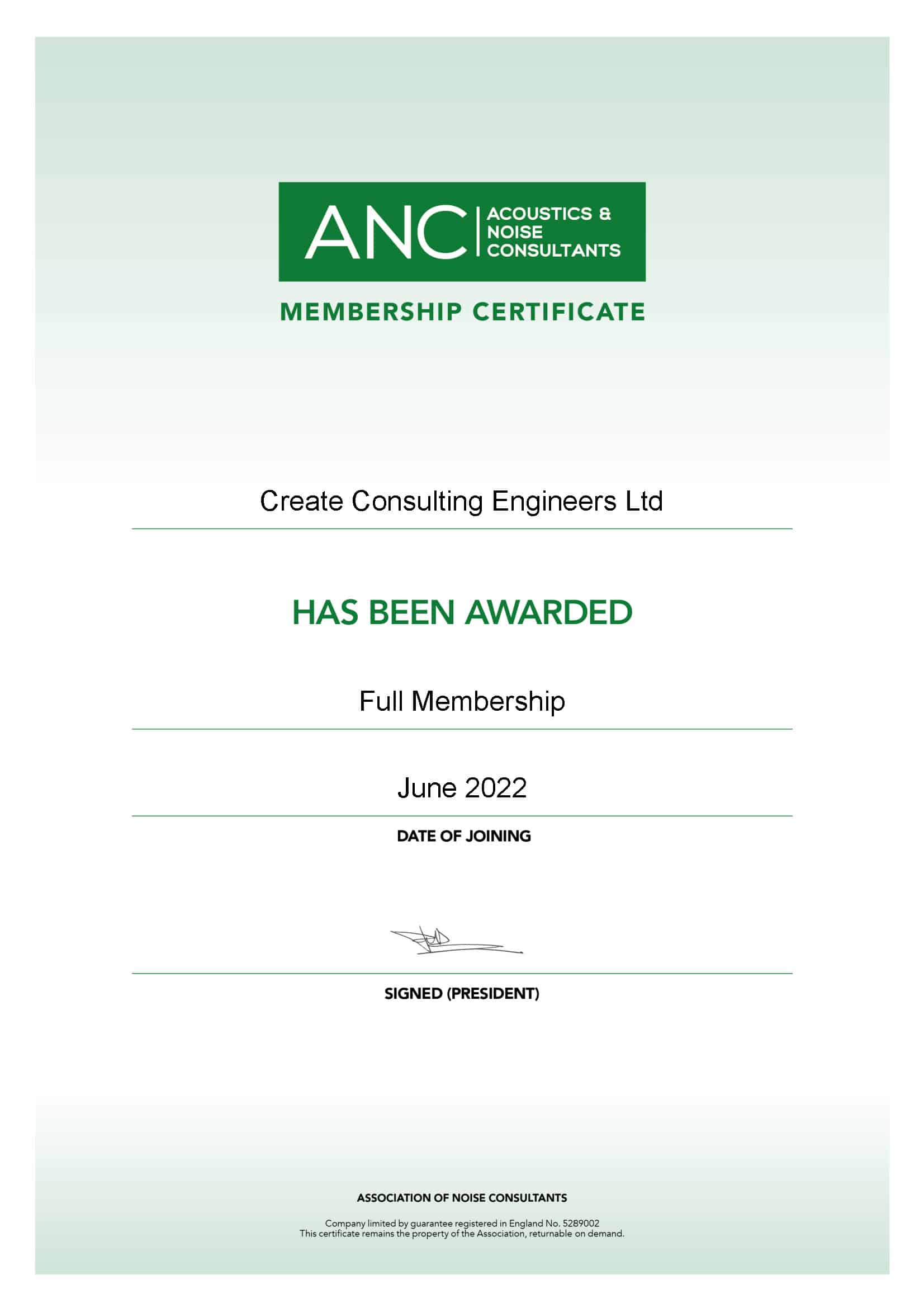 Create Consulting Engineers' ANC Membership