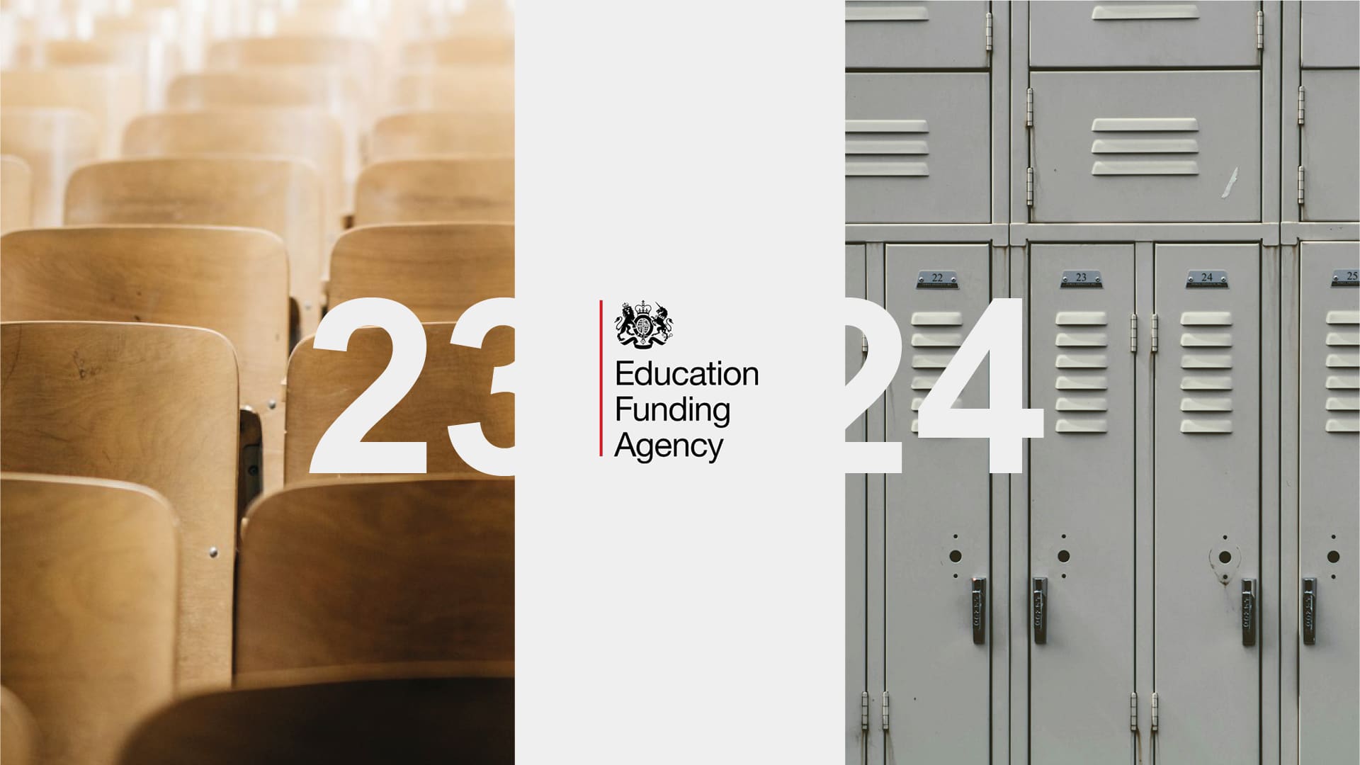 A split image features wooden chairs on the left and gray lockers on the right. In the center, the "Education Funding Agency" logo is flanked by "23" and "24," hinting at upcoming CIF Projects.