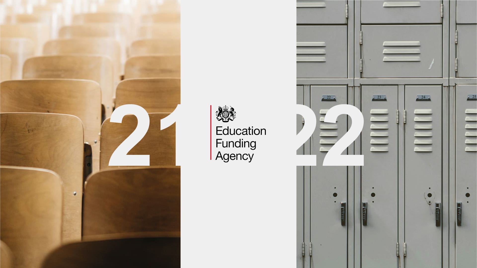 Wooden lecture hall seats and metal lockers set the backdrop for an "Education Funding Agency 2021-2022" graphic, highlighting key CIF Projects.