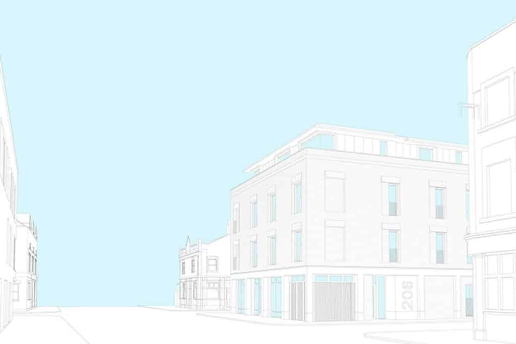 Line drawing of a street with multi-story buildings, including a corner building marked "206," under a clear blue sky, highlighting the Planning Potential of the urban landscape.