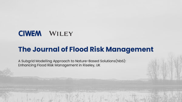 Cover page for "The Journal of Flood Risk Management" featuring an article on subgrid modelling for nature-based flood solutions in Riseley, UK, with a background of a flooded landscape.