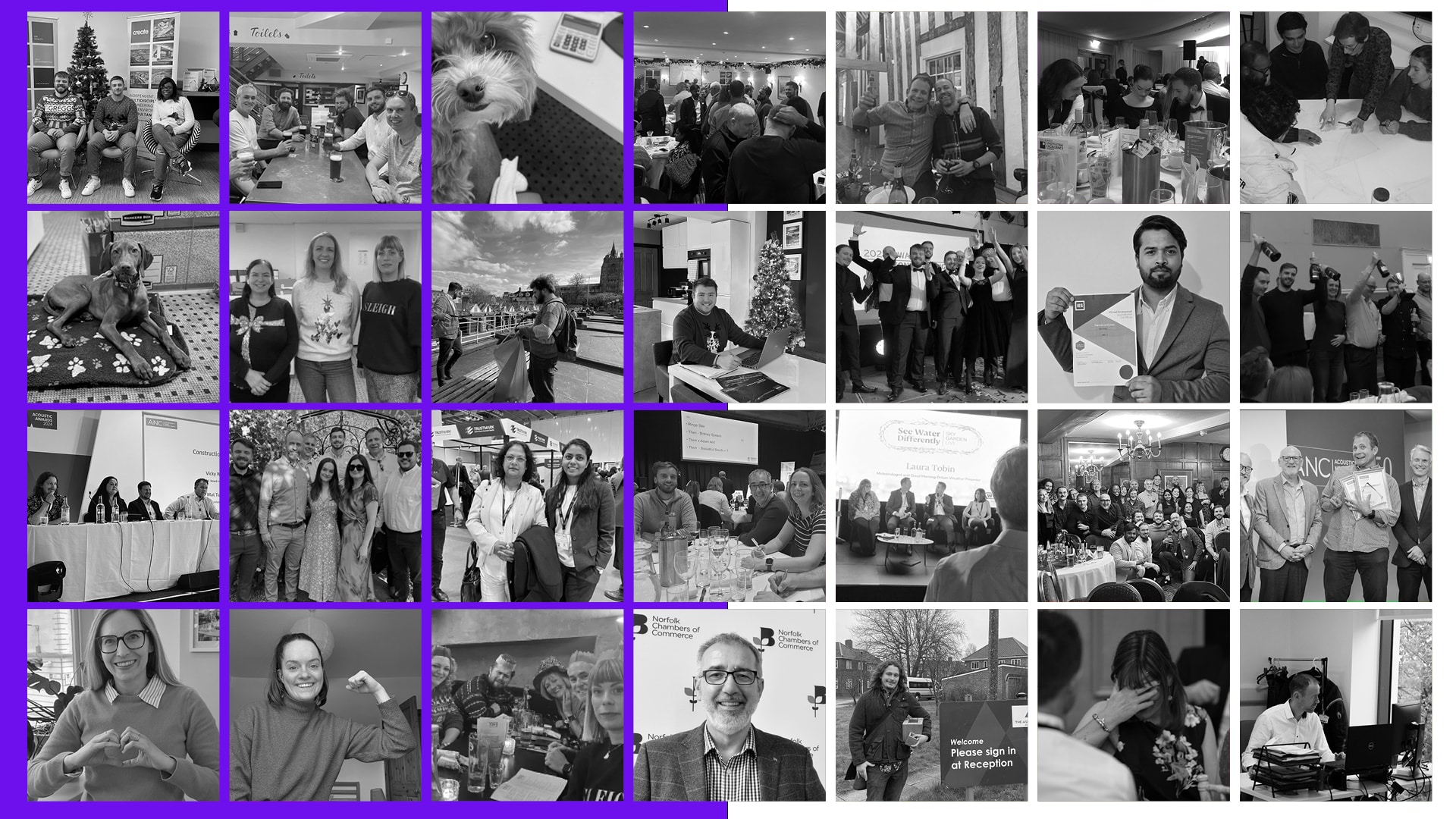 A collage of black-and-white photos shows groups and individuals in various social, professional, and celebratory settings, with a purple border separating each image.