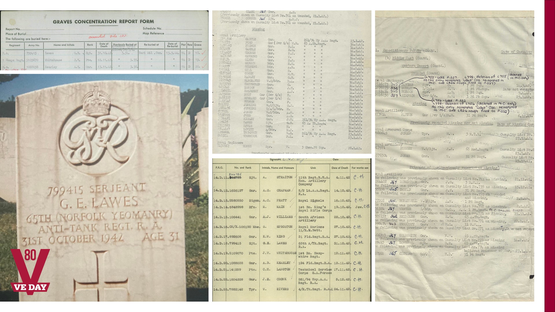Collage of WWII documents including a military graves concentration report, typed records, a cemetery headstone for Serjeant G.E. Lawes, and tables of military information.