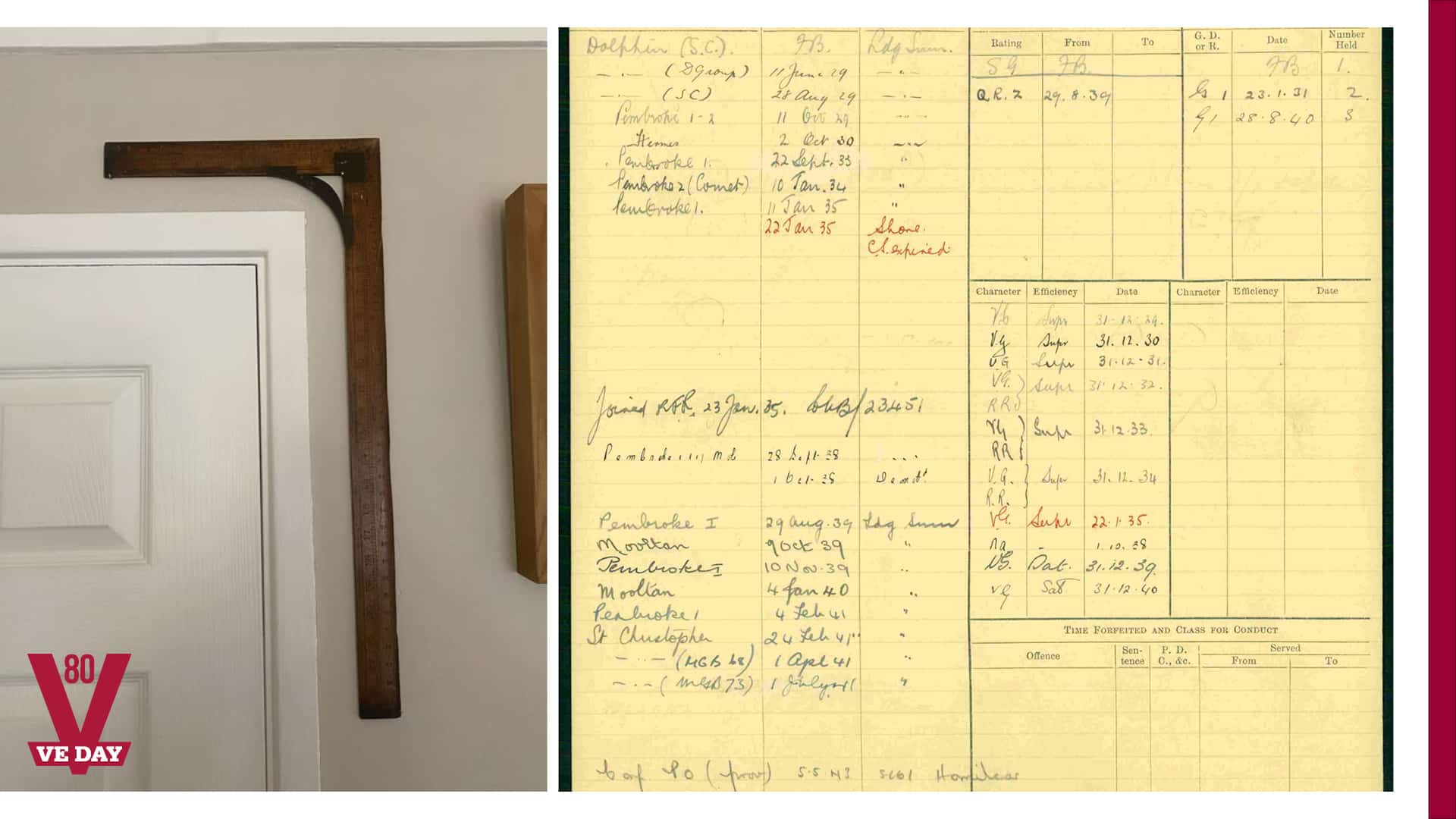 A wooden carpenter’s square hangs on a wall beside a typed and handwritten yellowed document listing names and military details. VE Day 80 logo is in the bottom left corner.
