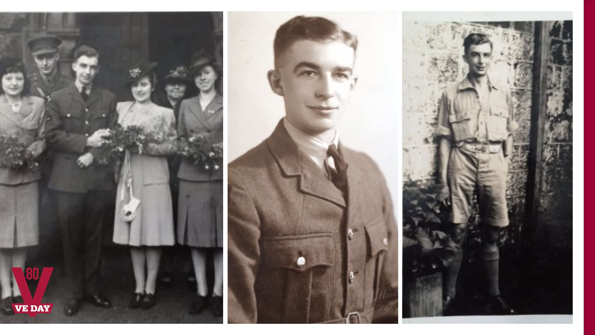 Three black-and-white photos of a young man in military uniform and civilian clothes, with one group image and two solo portraits. A red "80 VE DAY" logo appears in the lower left corner.