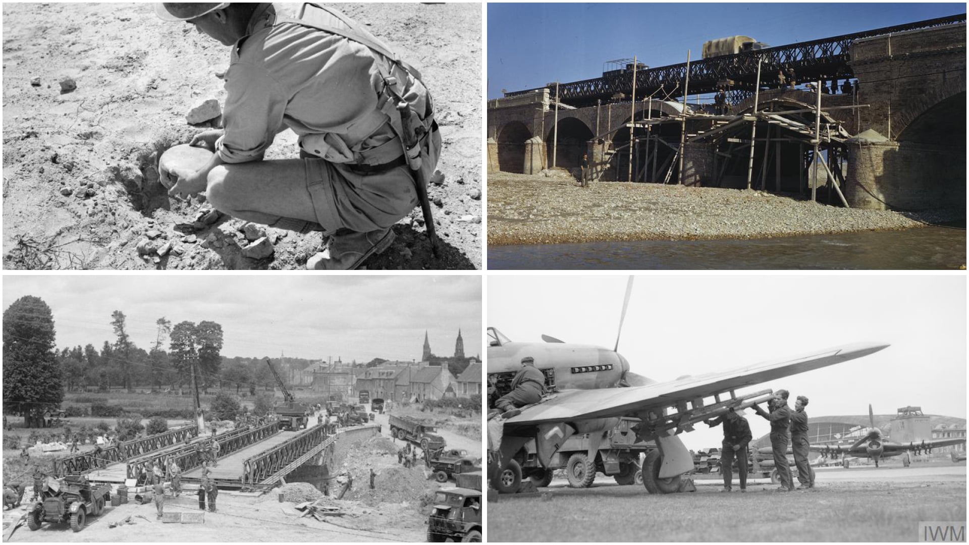 A collage of four WWII-era black-and-white photos showing a soldier digging, a damaged bridge, troops constructing a bridge, and airmen preparing a military aircraft.