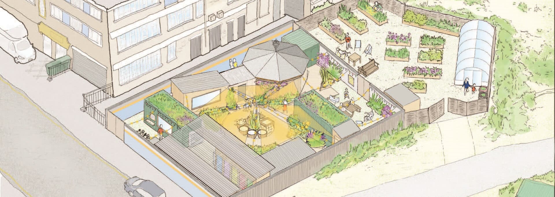 Illustration of a fenced urban garden with raised beds, seating areas, umbrella shade, small greenhouse, and nearby building, viewed from above.