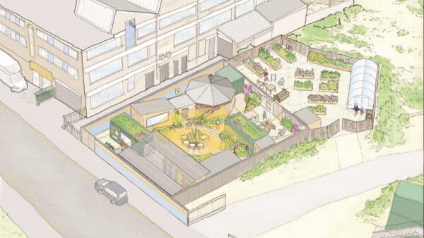 Illustration of a fenced urban garden with raised beds, seating areas, umbrella shade, small greenhouse, and nearby building, viewed from above.