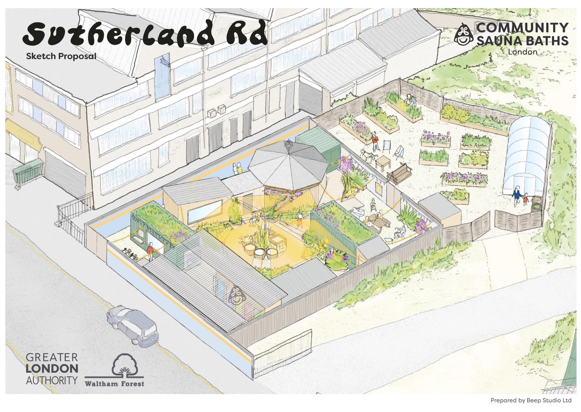 Aerial sketch of a proposed community sauna baths with seating, garden beds, a covered structure, and pathways, located on Sutherland Road in London.