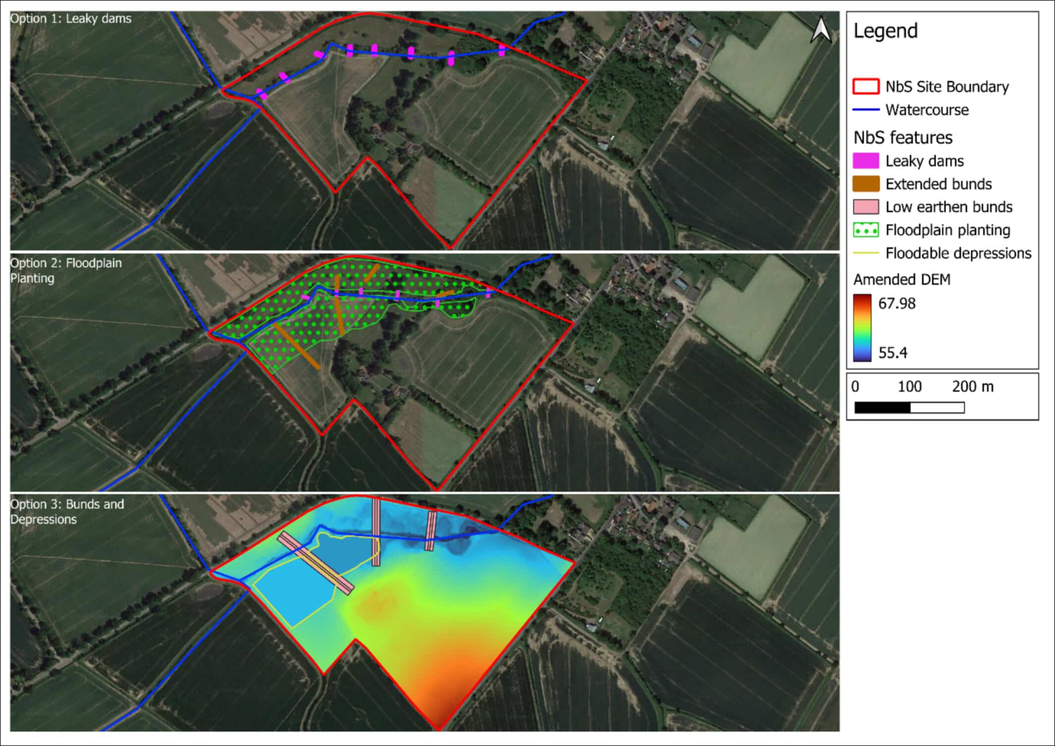 Three aerial maps compare flood management options: leaky dams, floodplain planting, and bunds with depressions, each marked with colored symbols and a legend explaining the features.
