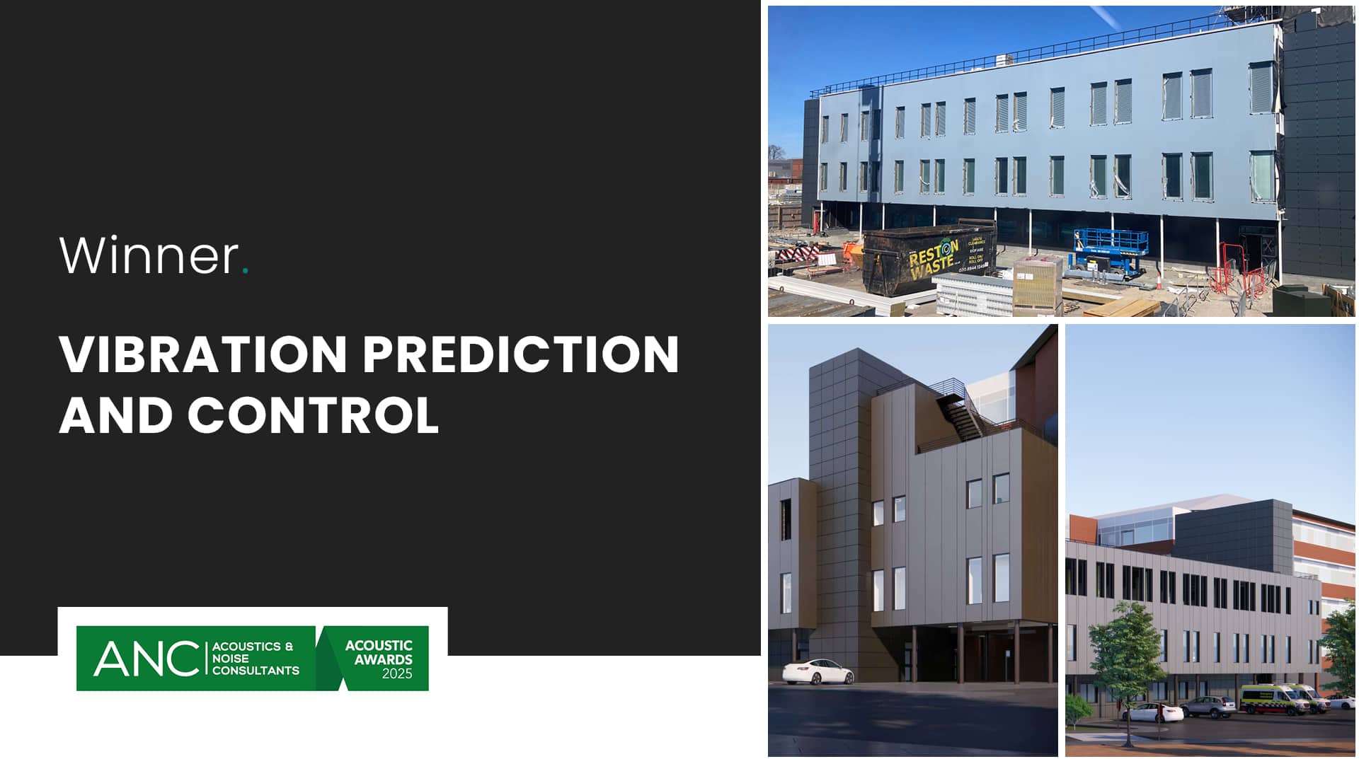 A graphic announces the ANC Acoustic Awards 2023 winner for Vibration Prediction and Control, with photos of a modern building during and after construction.