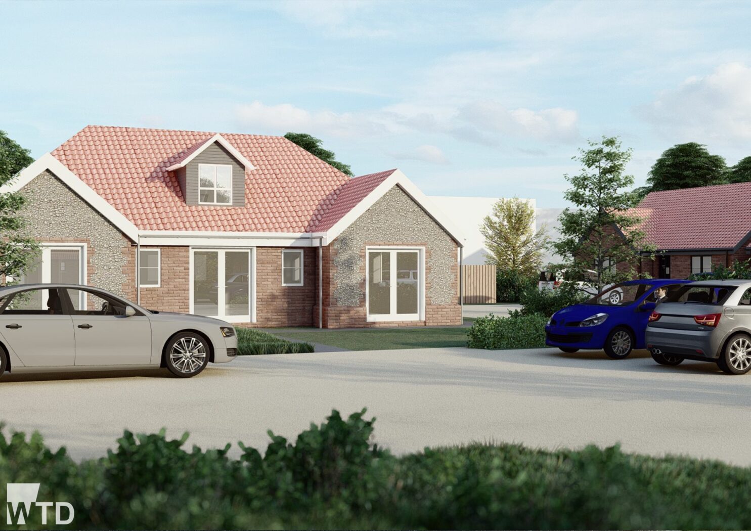Single-story house with a red-tiled roof and dormer window, surrounded by parked cars on a driveway and greenery in the foreground.
