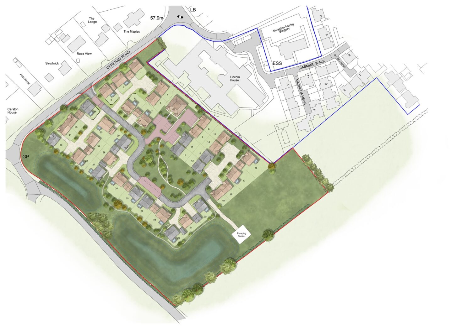 A site plan showing a residential development with houses, roads, green spaces, a pond, and adjacent buildings, outlined by red and blue boundary lines.