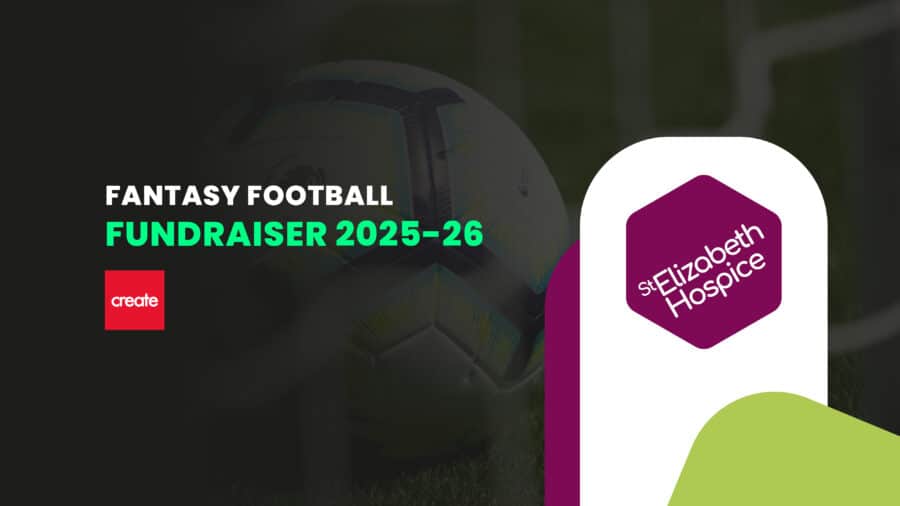 Promotional graphic for the St Elizabeth Hospice Fantasy Football Fundraiser 2025–26, featuring a soccer ball, event branding, and supporting St Elizabeth Hospice’s vital care services.