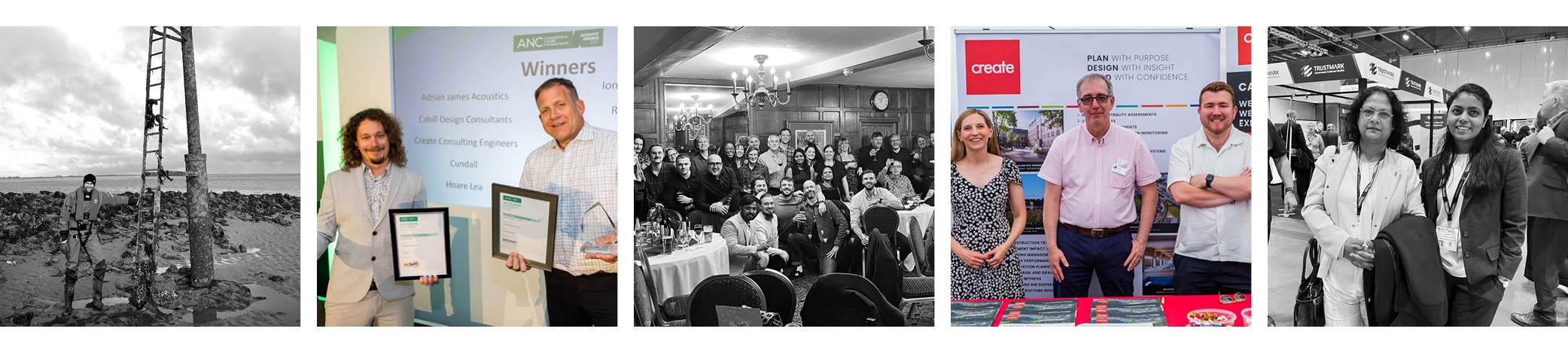 Collage of five images: a Technical Director climbs a ladder on a rocky beach, two people hold award certificates, a large group at a formal event, four at an exhibit booth, and four pose at a trade show.