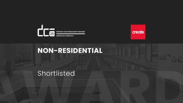 Design & Craftsmanship Awards Norwich-Norfolk non-residential category; "Shortlisted" displayed over an image of an indoor swimming pool.