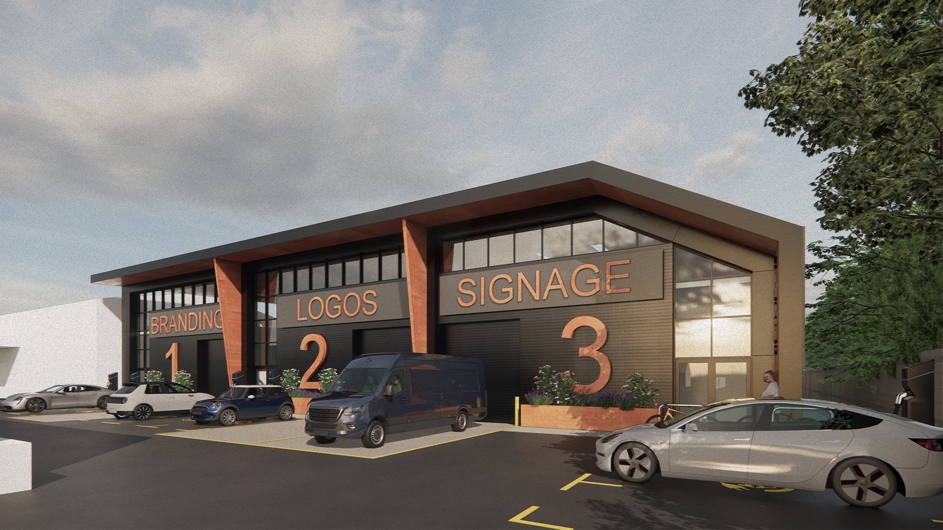 A modern commercial building with three units labeled "1 Branding," "2 Logos," and "3 Signage." Several cars and a van are parked in front. Trees are visible on the right.