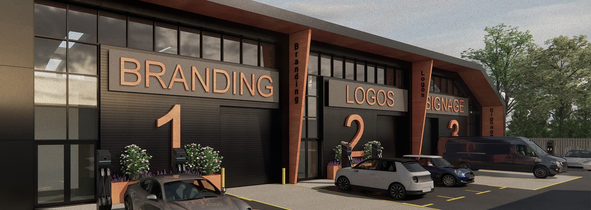 A modern commercial building with three units labeled "Branding," "Logos," and "Signage." Three cars and a van are parked in front of the units, with visible signage and outdoor plants.