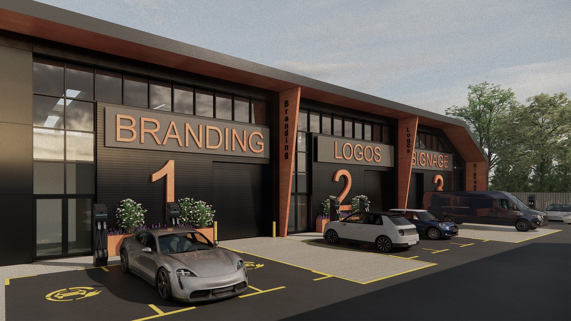 A modern commercial building with three units labeled "Branding," "Logos," and "Signage." Three cars and a van are parked in front of the units, with visible signage and outdoor plants.