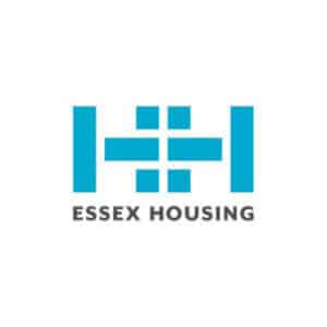 The Essex Housing logo, designed in collaboration with Create Consulting Engineers, features blue geometric shapes forming an abstract design above the words "ESSEX HOUSING" in gray capital letters on a white background.