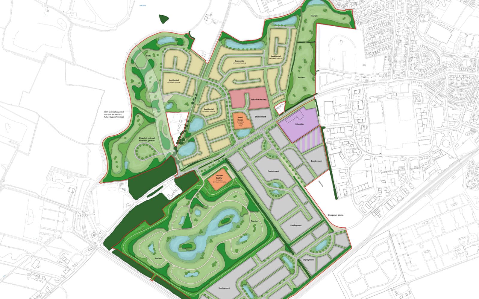 A detailed site plan map for Skegness Gateway, showing proposed residential, commercial, and green spaces, with roads, pathways, and labeled zones in various colors.