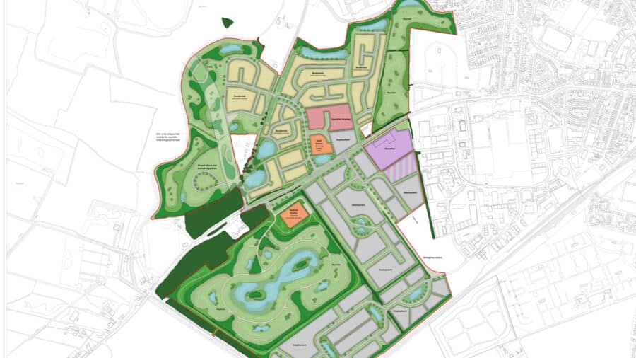A detailed site plan map for Skegness Gateway, showing proposed residential, commercial, and green spaces, with roads, pathways, and labeled zones in various colors.