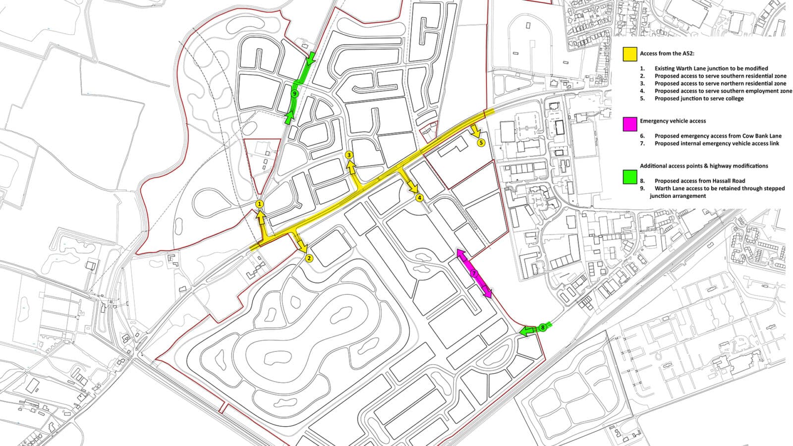 A map showing proposed and existing road layouts, access points, and emergency vehicle routes for the Skegness Gateway development area, marked with color-coded lines and symbols.