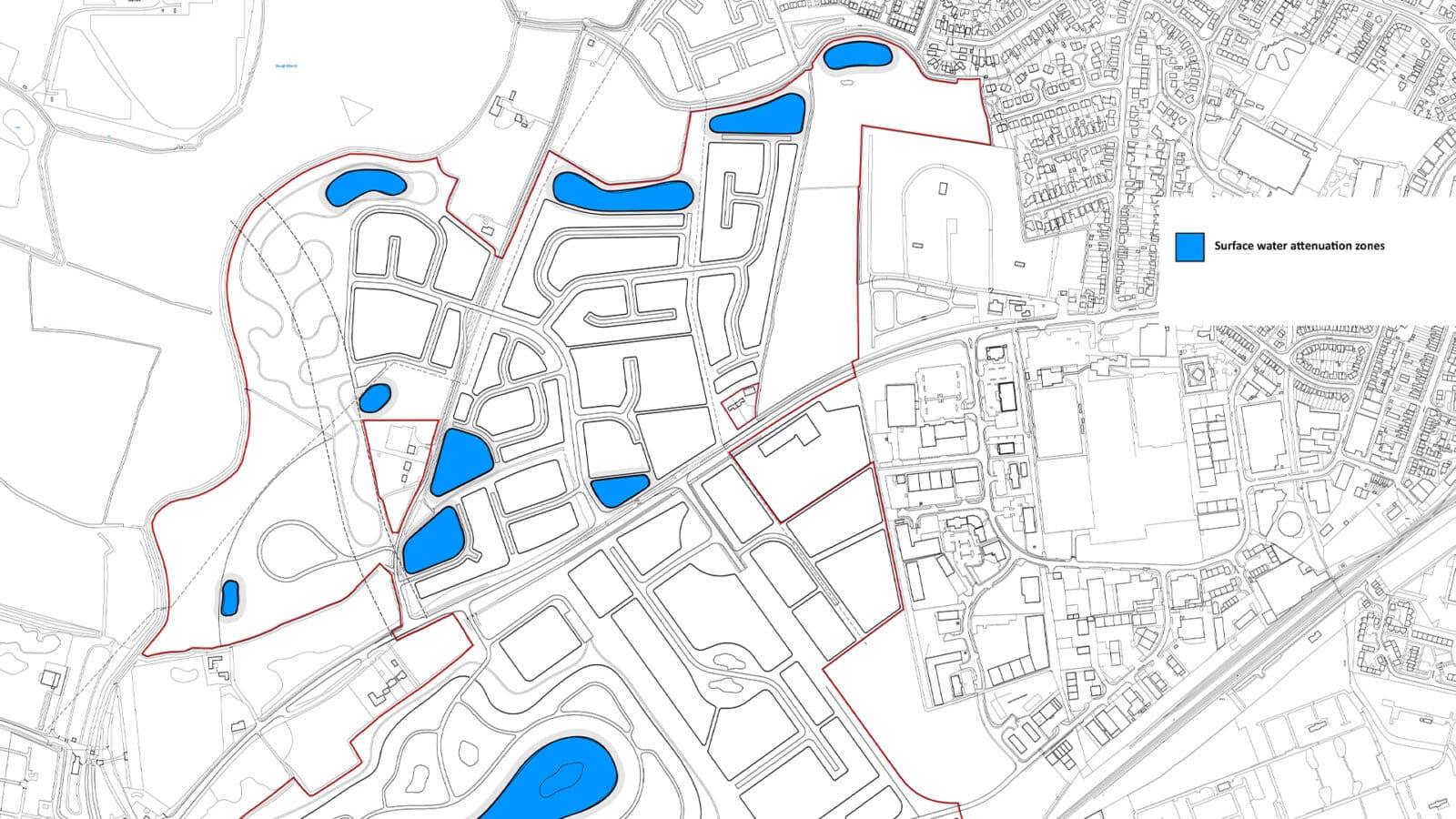 A map showing urban streets within the Skegness Gateway, featuring several blue-highlighted surface water attenuation zones marked inside a red boundary outline.