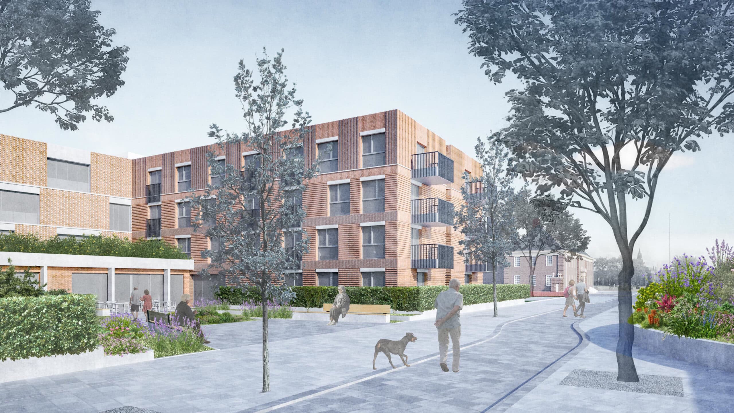 A modern, multi-story brick apartment building with large windows and balconies, nestled along Nene Parade, surrounded by trees, greenery, and people walking on a paved path.