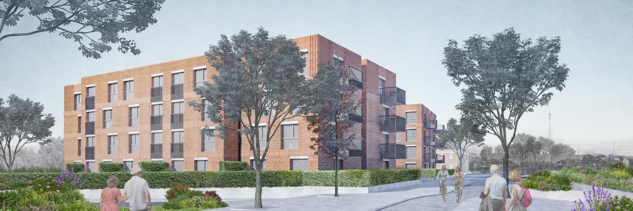 A modern, multi-story brick apartment building along Nene Parade is surrounded by landscaped paths, trees, and people walking in an urban park-like setting.