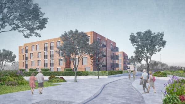 A modern, multi-story brick apartment building along Nene Parade is surrounded by landscaped paths, trees, and people walking in an urban park-like setting.