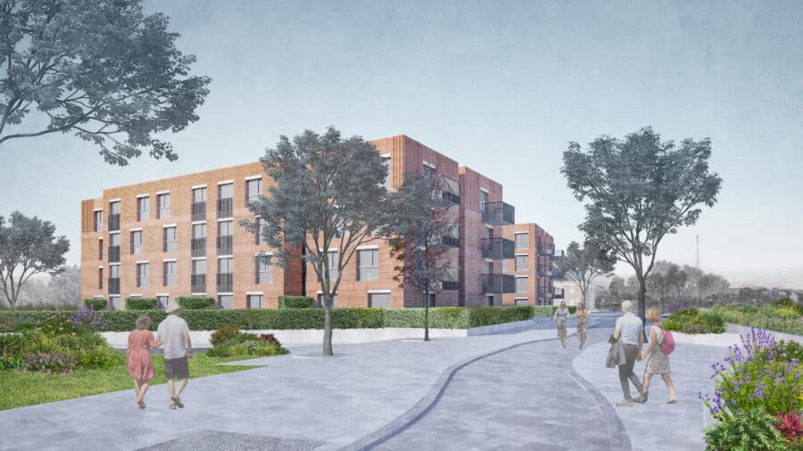 A modern, multi-story brick apartment building along Nene Parade is surrounded by landscaped paths, trees, and people walking in an urban park-like setting.