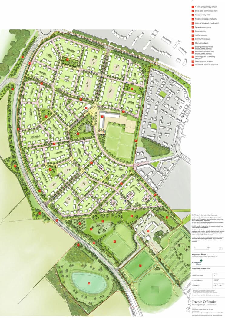 Illustrated site plan of a Bicester residential neighborhood with roads, houses, green spaces, parks, sports fields, pathways, and a labeled key for community facilities and amenities.