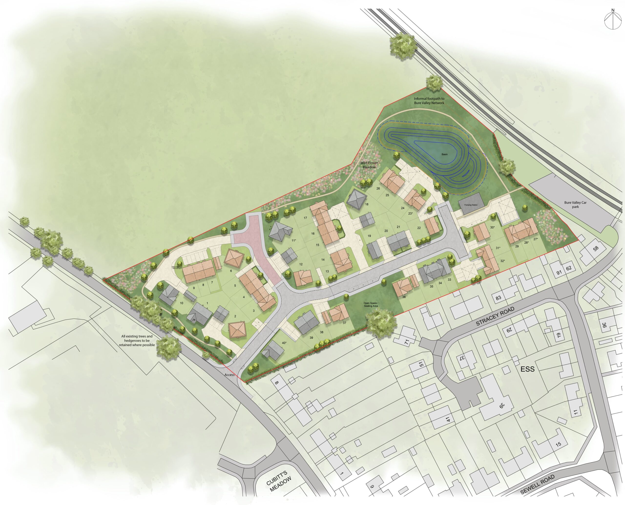 A site plan showing a proposed residential development in Buxton with houses, roads, green spaces, and a pond, adjacent to existing houses and open land.