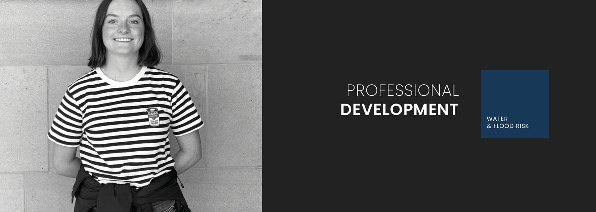 A person in a striped shirt stands against a wall. The text reads “Professional Development: Water & Flood Risk” with Grace Beard on a dark background to the right.