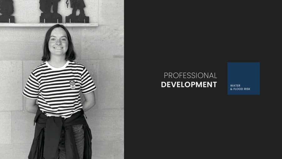 A person wearing a striped shirt stands against a wall; the text beside them reads "Professional Development: Water & Flood Risk with Grace Beard.