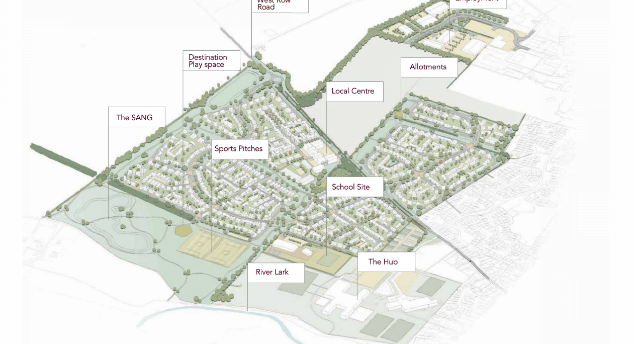 Illustrative layout plan of Mildenhall showing labelled areas: West Row Road, destination play space, SANG, sports pitches, school site, local centre, allotments, employment, The Hub, and River Lark.