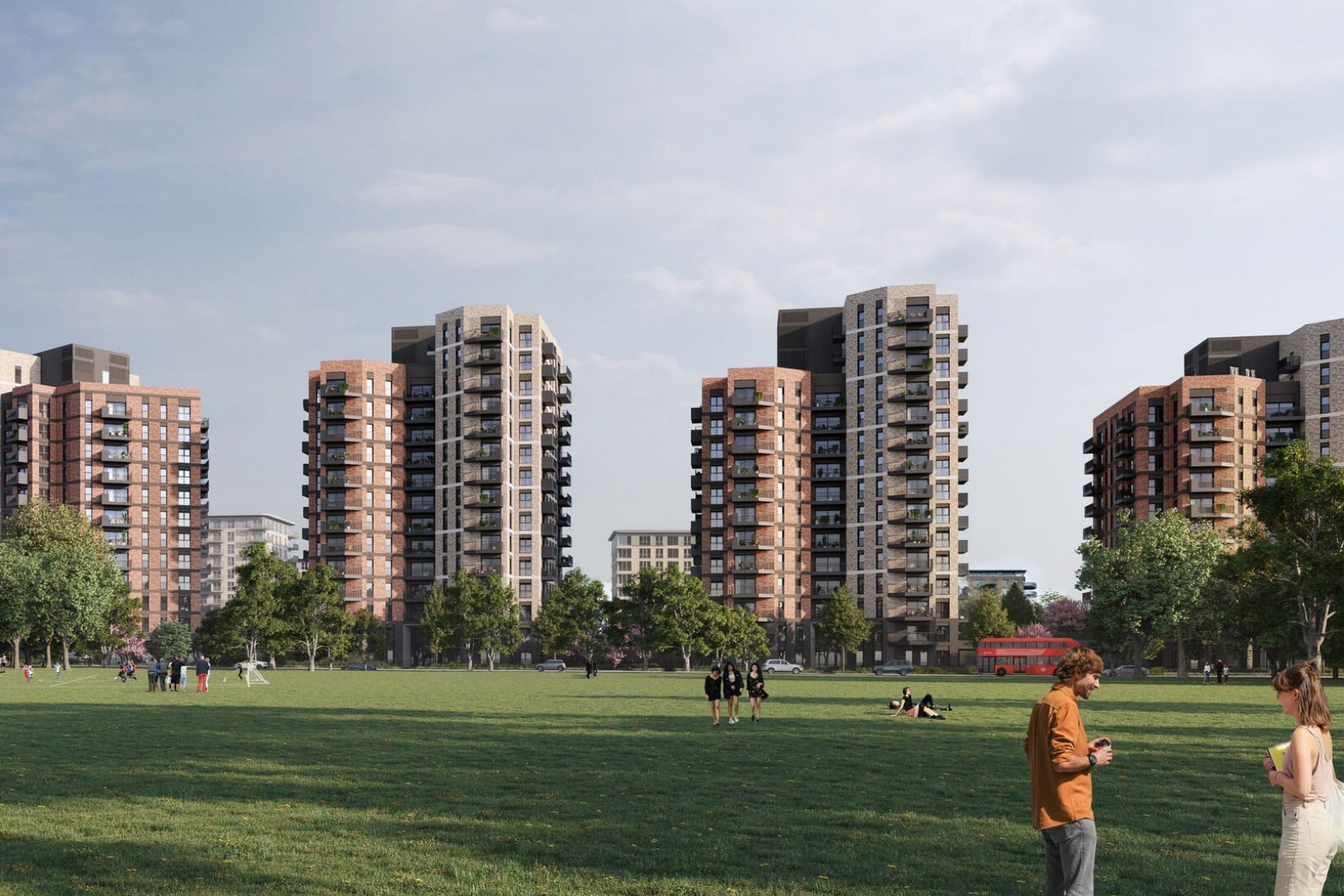 Kidbrooke Village Phase Five residential development featuring mixed-use brick and timber tower blocks with ground-level public green space and landscaping.