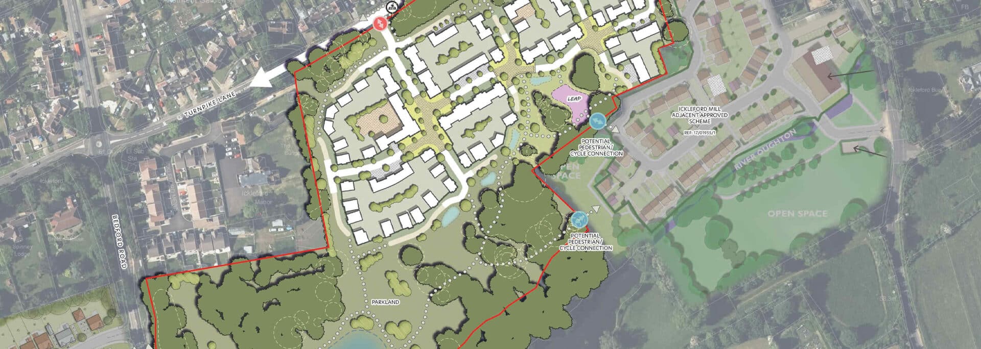 Masterplan for 100-home residential development showing building layouts, green spaces, parkland, and potential pedestrian cycle connections across the site boundary.