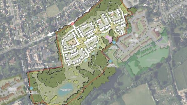Masterplan for 100-home residential development showing building layouts, green spaces, parkland, and potential pedestrian cycle connections across the site boundary.