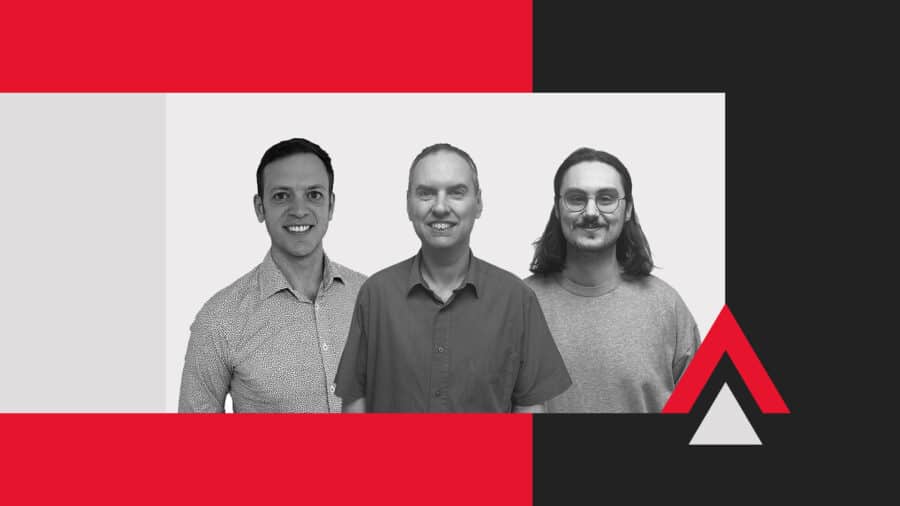 Three male professionals from Create Consulting Engineers smiling at camera in professional headshot style image announcing business promotions.
