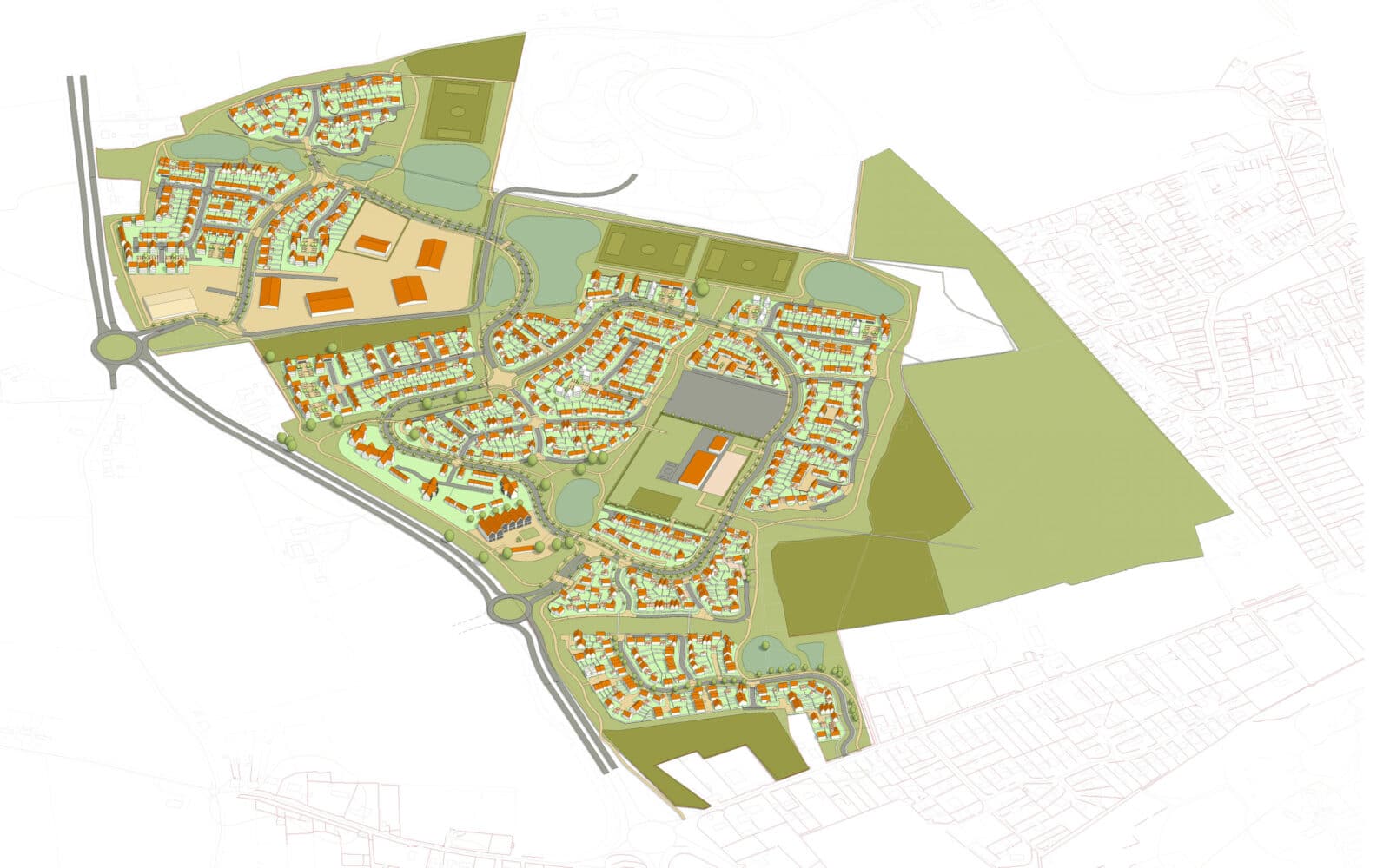 Master plan for North Lowestoft Garden Village showing residential layout, green spaces, and community facilities across multiple phases.
