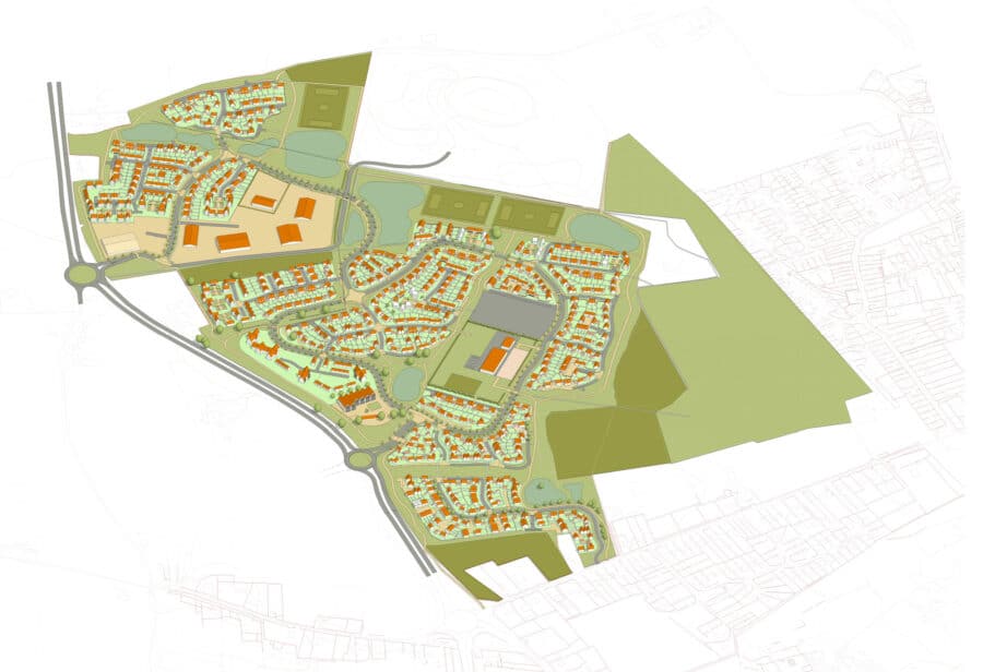 Master plan for North Lowestoft Garden Village showing residential layout, green spaces, and community facilities across multiple phases.