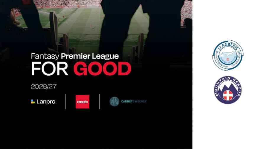 Fantasy Premier League for Good 2026-27 campaign poster featuring stadium view, Llanberg's and Mountain Rescue logos, with Create, Lanpro, and Carney Sweeney branding.